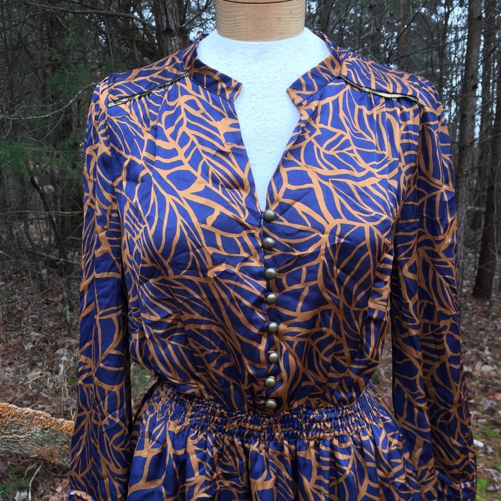 Alessandro Miele Italy M Medium Blue & Gold Dress Satin Shimmer Button Front